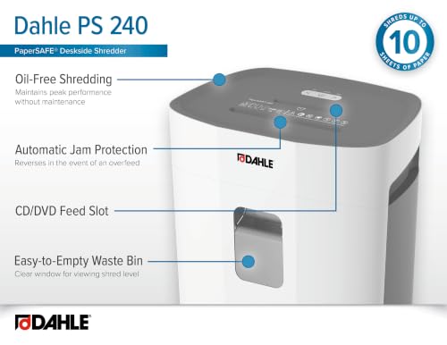 Dahle PaperSAFE PS 240 Paper Shredder, Oil Free, Jam Protection, Security Level P-4, 10 Sheet Max, Shreds CDs, Staples, Paper Clips & Credit Cards