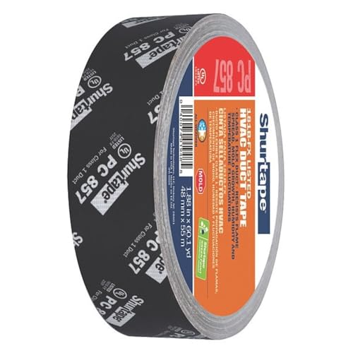 Shurtape PC 857 UL 181B-FX Listed/Printed Cloth Waterproof HVAC Duct Tape, Use to Seal Seam and Join Class 1 Flex Duct, 48mm x 55 Meters, Black Printed, 1 Roll (201885)