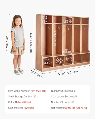 VEVOR 5-Section Coat Locker with Bench, Kids Lockers with 10 Hooks & Non-Slip Mat, Classroom Cubbies for Daycare, Home, Kindergarten- Natural