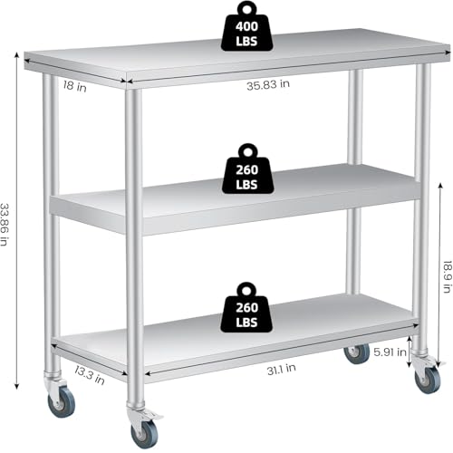 COZONY Stainless Steel Work Table with Lockable Casters, 18 x 36 in, 3-Tier Commercial Kitchen Prep Table, Metal Utility Table for Food Preparation, Restaurant, Garage, Laundry, Outdoor, Indoor