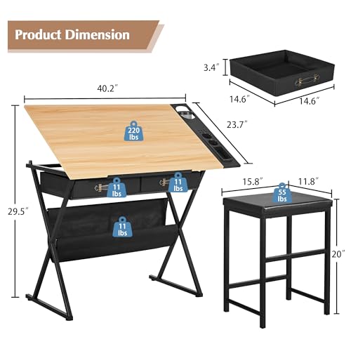 VECELO Drafting Table Art Desk Art Table Adjustable Drawing Table Tilted Tabletop with 2 Storage Drawers and Stool, Drawing Desk for Artist Painters Drawing, Crafting, Reading, Writing, Natural