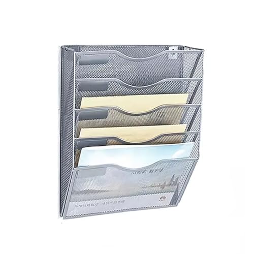 Hanging Wall File Holder Organizer Metal Wall Mount File Folders Holder Magazine Rack, A4 Paper Clipboard Storage Organization Magazine Rack,for Home School Office Organization and Storage(Silver,5-ti