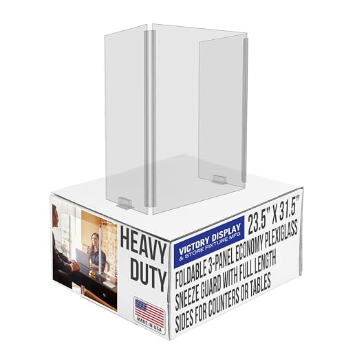 Foldable 3-Panel Economy Plexiglass Sneeze Guard with Full Length Sides for Counters or Tables - Checkout Barrier (23.5"W x 31.5"H) - Shields and Protects from Coughing and Sneezing
