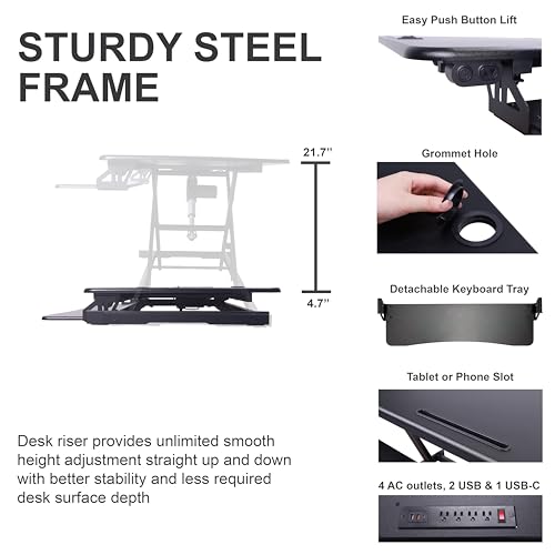 Rocelco 46" Electric Standing Desk Converter with AC Outlet USB Charger and Dual Monitor Arm Mount - Motorized Adjustable Sit Stand Riser - Tabletop Workstation Keyboard Tray - Black (R EDRB-46-MA2)