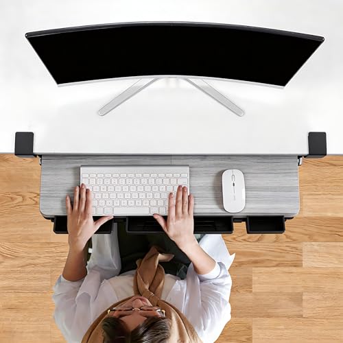TECLUK Keyboard Tray Under Desk with Drawer,26.77" X 11.81" (Grey)