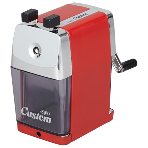 CARL CC-2000 (RED) Heavy Duty Pencil Sharpener – All-Metal Manual Crank for Classroom, Home, and Art – Precision Sharp Points, Jam-Resistant, Stable Clamp, Mess-Free Shavings Tray.