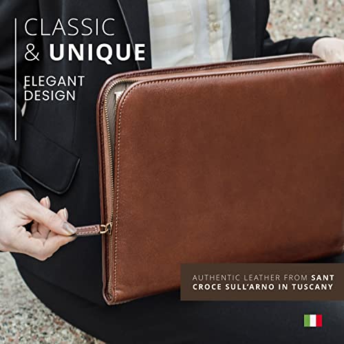Premium Maruse Leather Portfolio Padfolio - Executive Folio for Men and Women with Zipper, Folio Document Organizer, Laptop Sleeve, iPad Case and Folder - Made in Italy, Brown