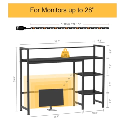 Snughome Desk Shelf with LED Strip, 38.6" Desktop Organizer Shelf, Desk Hutch for Computer Monitor, 4 Tier Desk Display Rack, Wood Desktop Bookshelf Storage Rack for Home Office Dorm