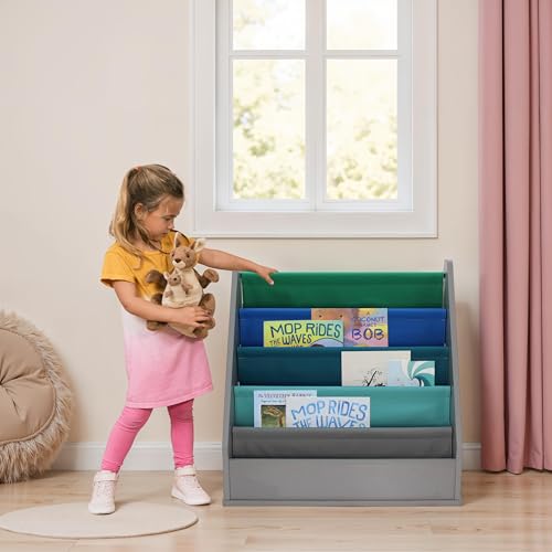 FDP Laminate Children's Sling Book Display Shelf Durable, Easy-Clean Organizer for Daycare, Preschool, Classroom or Home Promotes Early Reading Habits - Gray/Contemporary