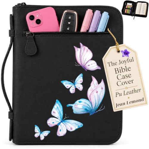 The Joyful Vegan Leather Bible Cover Case for Women with Zipper Butterfly