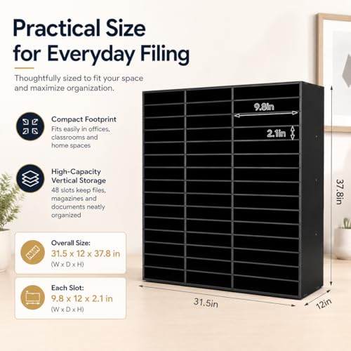 48-Slot Mail Sorter Wood Literature Organizer, 16 Tier Bill Paper Organizer Cabinet, 110lb Capacity - Desk Student Mailbox for Classroom, Office, Home, Document Storage & Magazine Display, Black