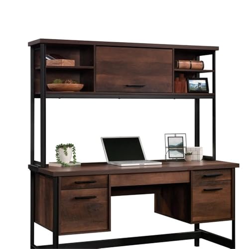 Pemberly Row Contemporary Hutch, 60 in Wide, Engineered Wood and Metal, Barrel Oak Finish, Attaches to Computer Desk, Barrister Door, 2 Adjustable Shelves, Office Storage Organizer