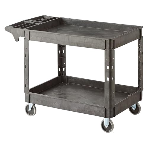 2 Shelf Utility Cart 46"x25" with Handle, Heavy-Duty Commercial Black Work Rolling Cart, Service Tool Compartments, Movable Storage Trolley Organizer for Warehouse, Garage, Restaurant, Cleaning
