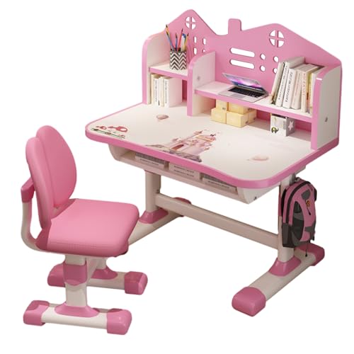 Height Adjustable Desk and Chair Set with Multi Book Stand, Widened Writing Surface, Storage Drawer, Ergonomic Chair and Adjustable Backrest, Functional Workstation Furniture Pink