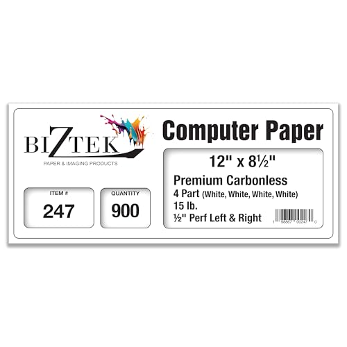 BIZTEK Continuous Carbonless Computer Paper 12 x 8 1/2, Blank Left and Right Perforated, 15 lb, 4-Part, W/W/W/W, All Sheets are White - - 900 sets