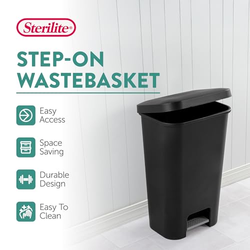 Sterilite Rectangular Step On Kitchen Wastebasket, 11.9 Gal, Black, 16 Pack