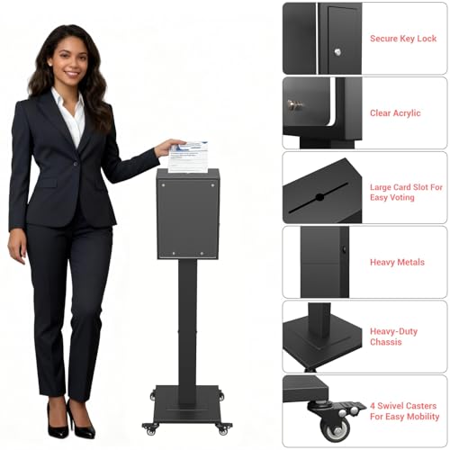 WUGEBA Large Suggestion Box for Office/Church, Donation Boxes for Fundraising with Slot and Lock, Heavy-Duty Voting Ballot Box with 4 Wheels, Ballot Collection, Floor Safes for Home, Black