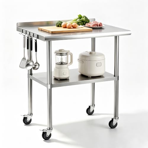 Garvee Stainless Steel Table with Wheels, 30x24 Inch Heavy Duty Prep Table