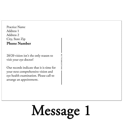 Appointment Reminder Postcards for Optometric & Optical. Customize Card Front and Back with Practice Information. 4"x6", Full-Color Front & Premium High Gloss UV Coating. Sturdy 16 Pt. Stock. (2500)