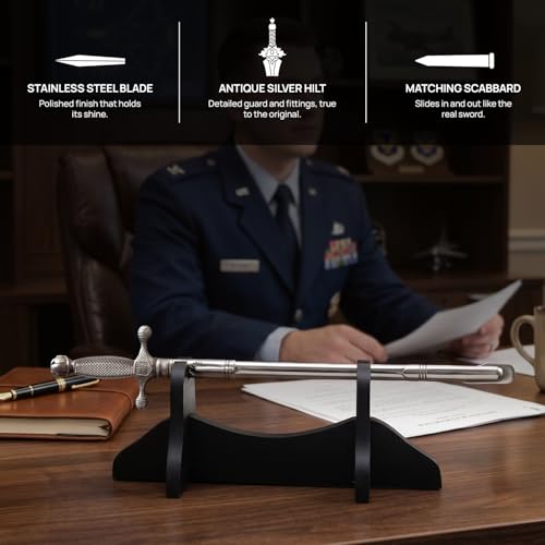 Glendale Parade Store US Air Force Officer Sword Letter Opener, Miniature Ceremonial Sword Replica with Antique Silver Fittings, Stainless Steel Blade, Scabbard & Wood Stand, Military Desk Accessory
