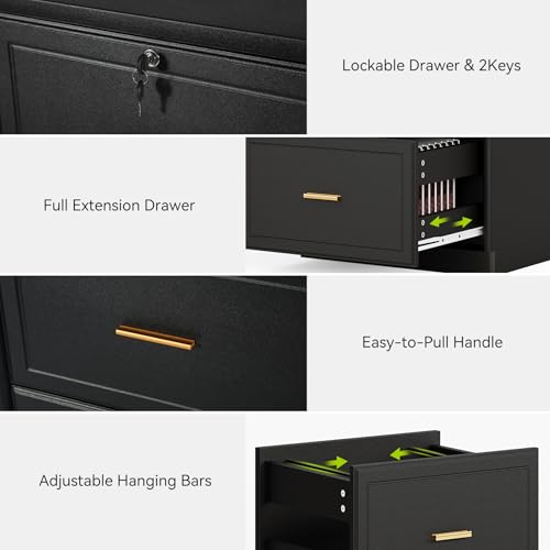 LITTLE TREE 4-Drawer File Cabinet with Lock, Large Vertical Storage Cabinet, Secure Space-Saver for Home Office, Compatible with A4/F4/Letter/Files, Filing Cabinets for Home Office (Black, MDF)