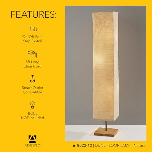 Adesso 3-Light Floor Lamp, Natural Wood & Beige, Adjustable, 58”