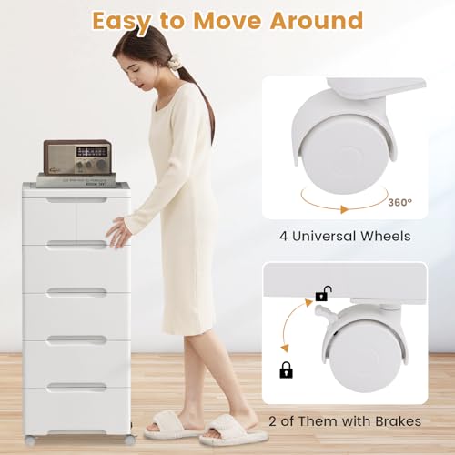 LDAILY Rolling Storage Cart with Drawers, 6 Drawers Storage Cart on Wheels Set of 2, Drawer Cart with 2 Lockable Wheels & Smooth Drawers, Plastic Rolling Cart White (16’’L x 13"W x 38’’H, 6 Drawer)