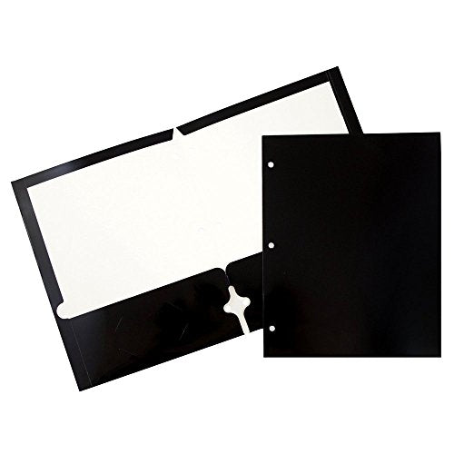 JAM PAPER Laminated Two Pocket Glossy 3 Hole Punch School Folders - Letter Size - High Gloss Black - Bulk 100/Box