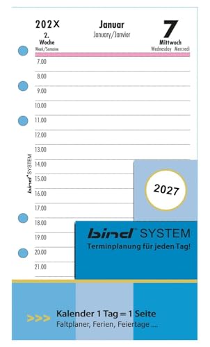 BIND B260327 Calendar Insert for Daily Calendar A6, Timer Insert for Calendar Year 2027, 1 Day / 1 Page, Appointment Calendar with System, Calendar for Bind System Planner and Standard Time Planner