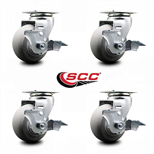 4 INCH THERMOPLASTIC Rubber Swivel Caster Set with Ball Bearings and Brakes