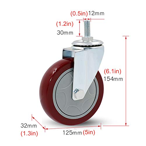 NIKAIDD 360° Swivel Casters Set of 4 Red PVC Replacement Wheels for Workbench Cart Cabinet M12 x 30mm Threaded Stem 75mm with Brake (Universal 125Mm/5In)