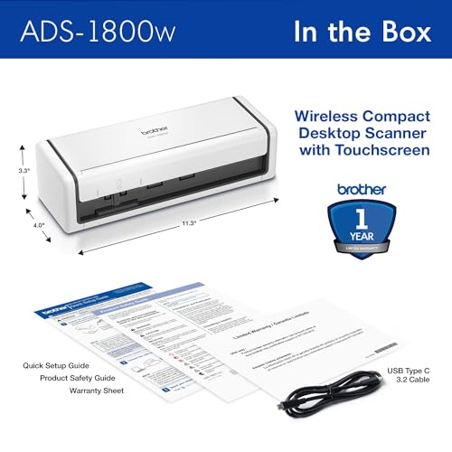 Brother ADS-1800W Wireless Compact Desktop Scanner | Scan Speeds of Up to 30ppm | 2.8" Color Touchscreen