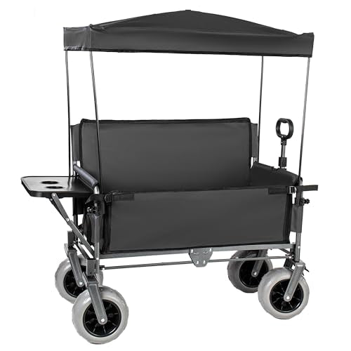 GDFStudio 3-in-1 Collapsible Wagon Cart with Bench Seat, Canopy & Tabletop, Camping Bench Seat Wagon, Utility Camping Garden Cart, 9"x4" All-Terrain Wheels, 500 lbs Capacity, Black