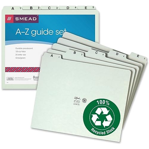 Smead Pressboard Guides, 1/5-Cut Tab (A-Z), Letter Size, Gray/Green, Set of 25 (50376) (Pack of 1)