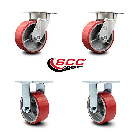 Heavy Duty Kingpinless Swivel Caster Set of 4 with 5 Inch Red Polyurethane on Cast Iron Wheels and Ball Bearings - Includes 2 Swivel and 2 Rigid - 4,000 lbs. Total Capacity - Service Caster Brand