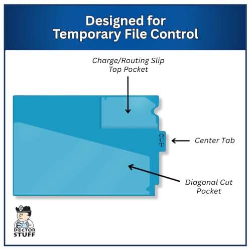 Doctor Stuff - Center Tab Vinyl Out Guides, Diagonal Cut Front Pocket, Top Charge Out Slip Pocket, Plastic File Folder, Letter Size 9" x 13-1/4", Light Blue, 100/Box