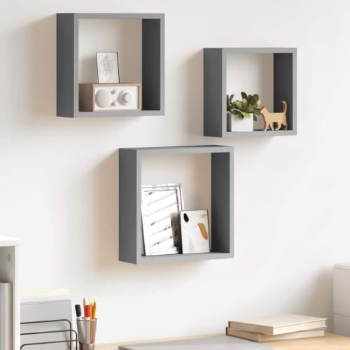HYYCPD Wall Cube Shelves 3 pcs Gray MDF Storage Organizer