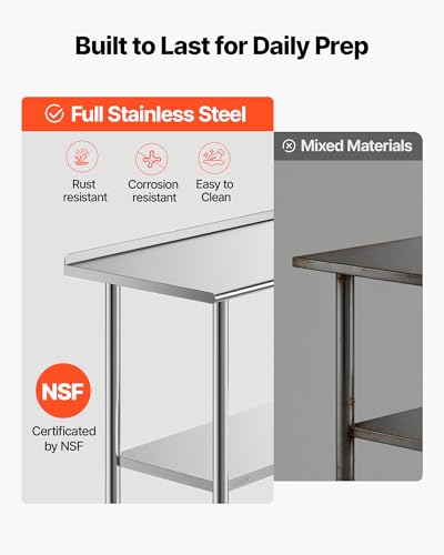 VEVOR Stainless Steel Work Table, 24x48 Inch Food Prep Table with Backsplash, Commercial Kitchen Workstation with Adjustable Undershelf, Metal Heavy Duty Utility Worktable, for Restaurant Home Outdoor