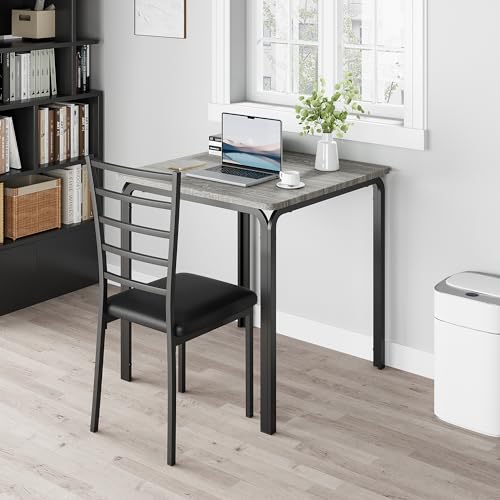 Takywep 3-Piece Dining Table Set for 2, Small Kitchen Table Set with Iron Back Chairs, Square Breakfast Nook Dinette Set with MDF Tabletop and Metal Frame for Small Space, Apartment, Grey