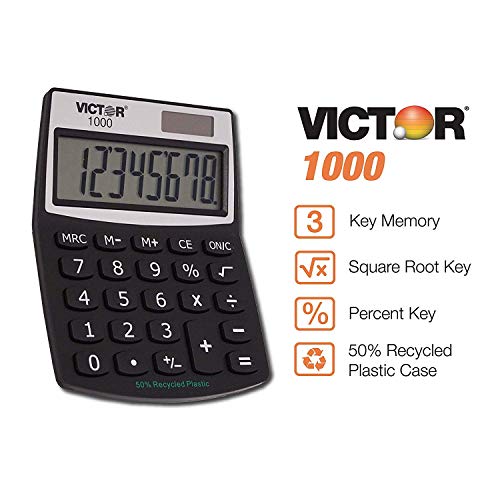 Victor 1000 8-Digit Standard Function Calculator, Battery and Solar Hybrid Powered Angled LCD Display, Great for Home and Office Desks / 10 Pack
