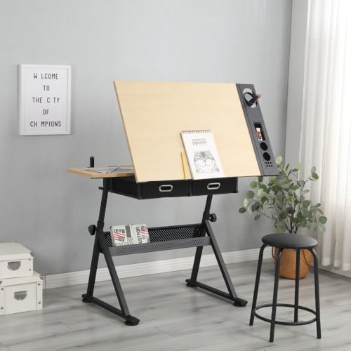 NestLude Adjustable Drafting Table with Stool, Tilting Art Desk with Storage Drawers for Home Office, Reading, Writing, Crafting. Perfect for Artists and Hobbyists (White Oak)