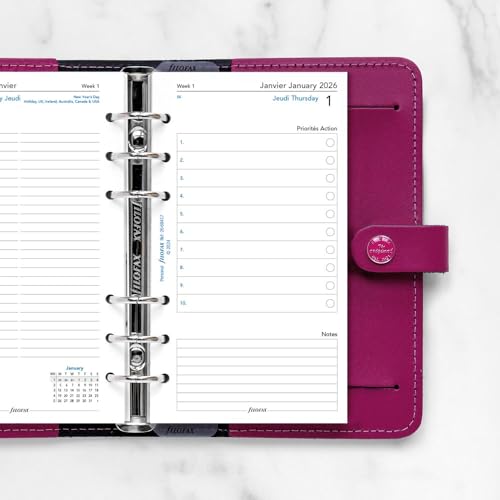 Filofax Calendar Diary Refill, Personal/Compact Size, Day on Two Pages with Appointments, White Paper, Bilingual, 2026 (C68417-26)