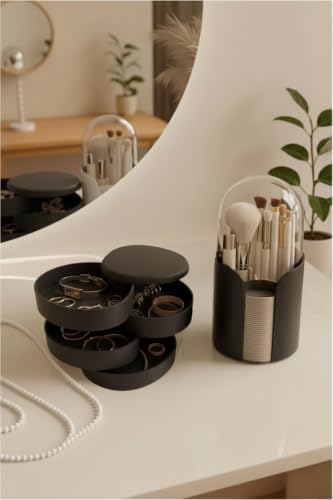 SODEF Brush and Jewelry Organizer Set 2 Pieces Plastic 9 Compartments for Makeup, Desk, Craft Supplies - Black - Black