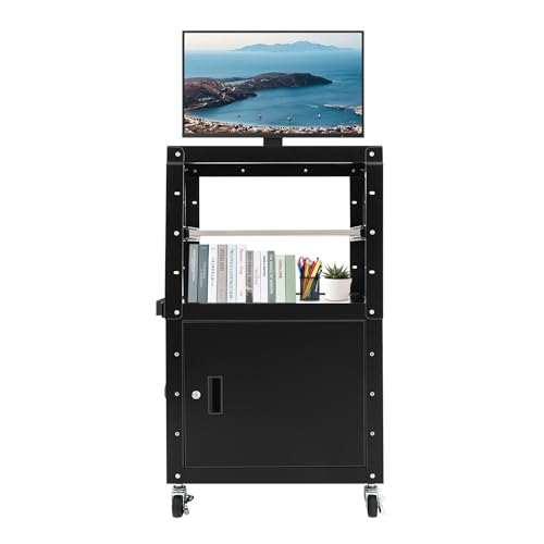 AV Cart, Adjustable Multimedia Trolley Rolling Presentation Stand Projector Shelf with Locking Cabinet Pullout Tray and Power Strip for Classroom Office Conference Room