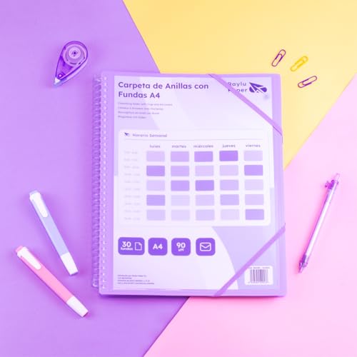 Raylu Paper® Binder with Ring Binder with Transparent A4 90 Micron Sleeves and Envelope with Velcro Closure, Customisable Cover. 100% Biodegradable Binder (20 Pockets, Violet)