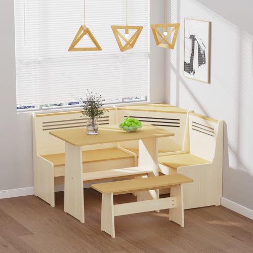 KYLE & KAY Breakfast Nook, Kitchen Nook Corner Table Set with USB, Bench and Storage Shelf, Dining Room Table and Chairs for 4-6, Solid Wood (White and Natural)