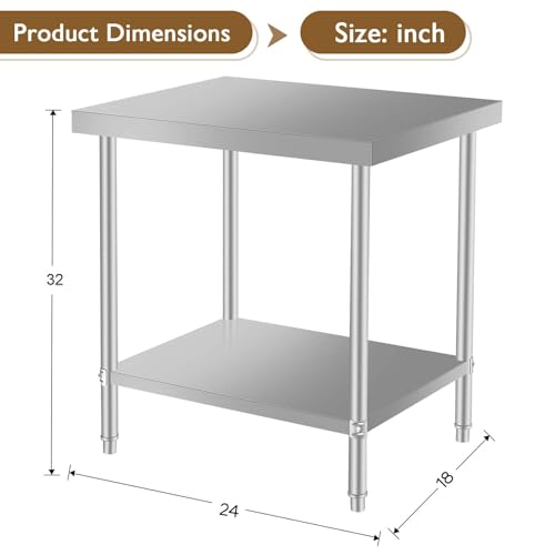 HRVEOCEI 24'' W x 18'' D Stainless Steel Table,Heavy Duty Commercial Prep & Work Table for Commercial Kitchen, Restaurant, Hotel and Garage