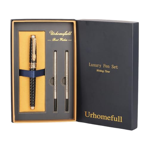 Urhomefull Stunning Luxury Rollerball Pen with 24K Gold Trim,Switzerland Tip with Black Ink Refills, Perfect Roller Ponit Pen Gift Set for Men Women, Fancy Writing Set for Business,Black