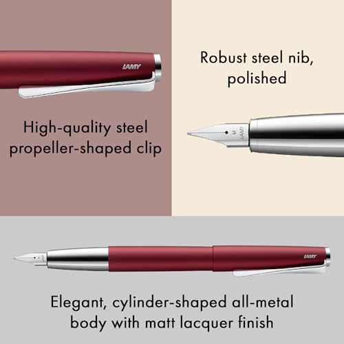 Lamy studio royalred - Fountain Pen in elegant metal body - steel nib, partially platinum-plated & in nib size F - incl T 10 blue ink cartridge
