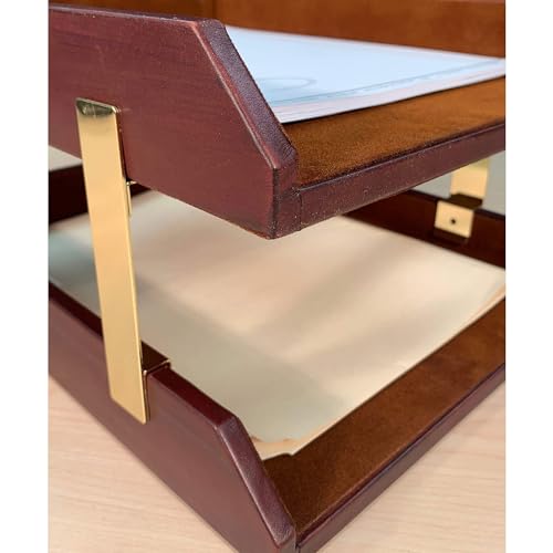 Dacasso Mocha Leather Front-Load Double Letter Tray Set w/Gold Stacking Posts - Luxury Executive Decor and Office Essential - Desk Surface Protector